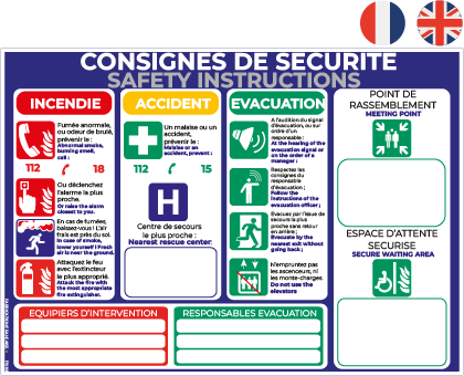 consignes de sécurité (français / anglais) – panneau de signalisation